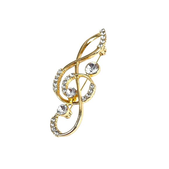 Gold-Plated Musical Note Brooch Pin With Rhinestones  Jewelry For Music Lovers - Picture 2 of 6